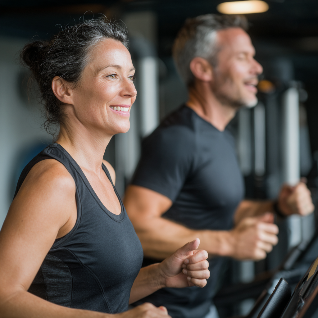 50 years old man and woman exercising together in modern gym environment