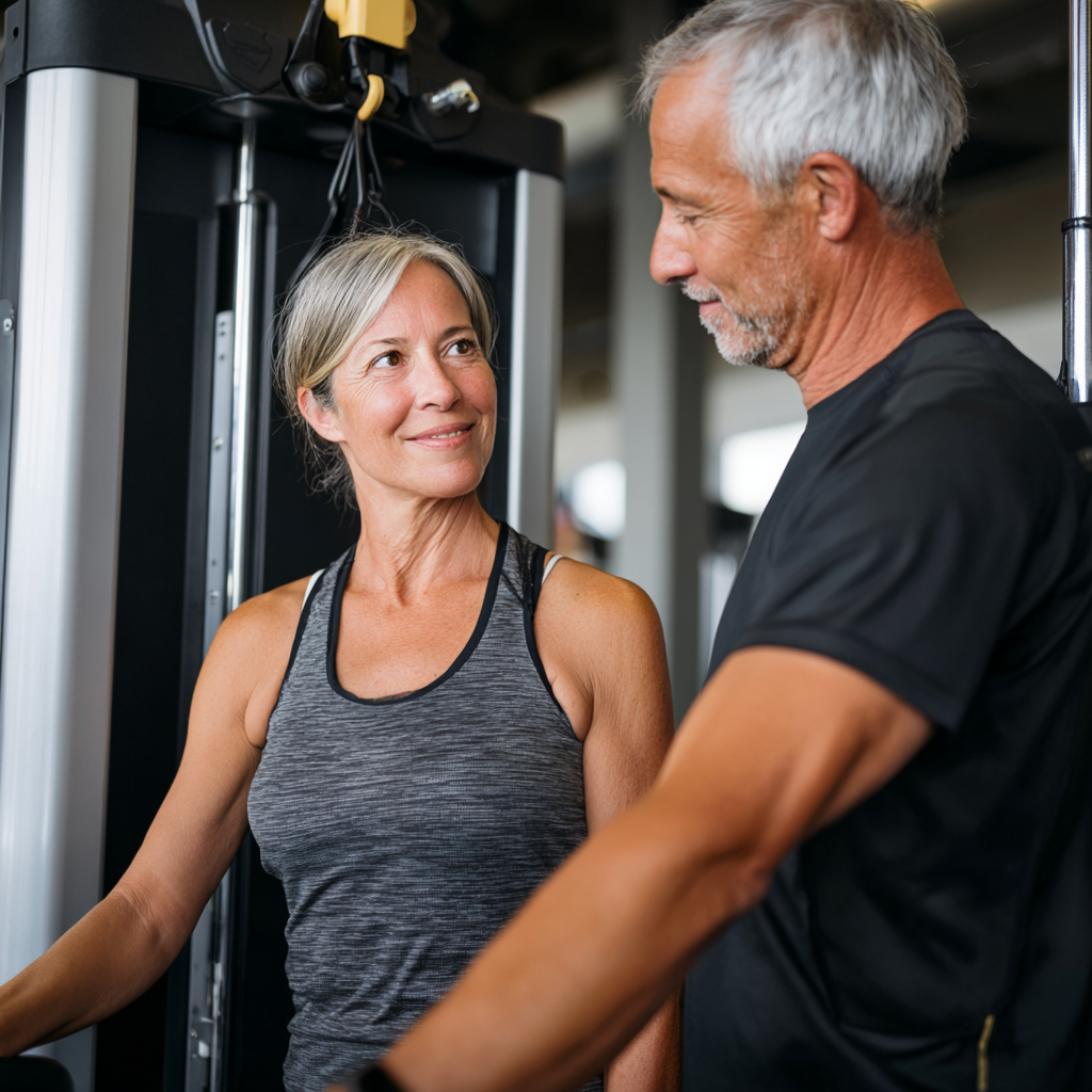 51 years old woman and senior man using modern fitness equipment in professional training facility